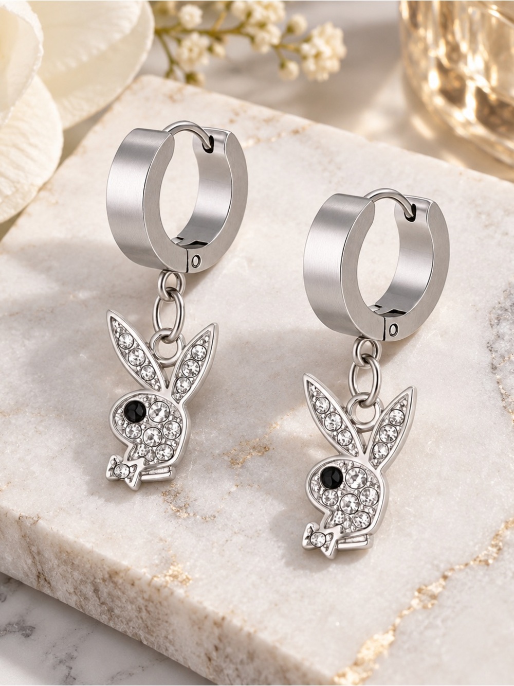 Chic Silver Crystal Rabbit Play Boy Bunny Earrings